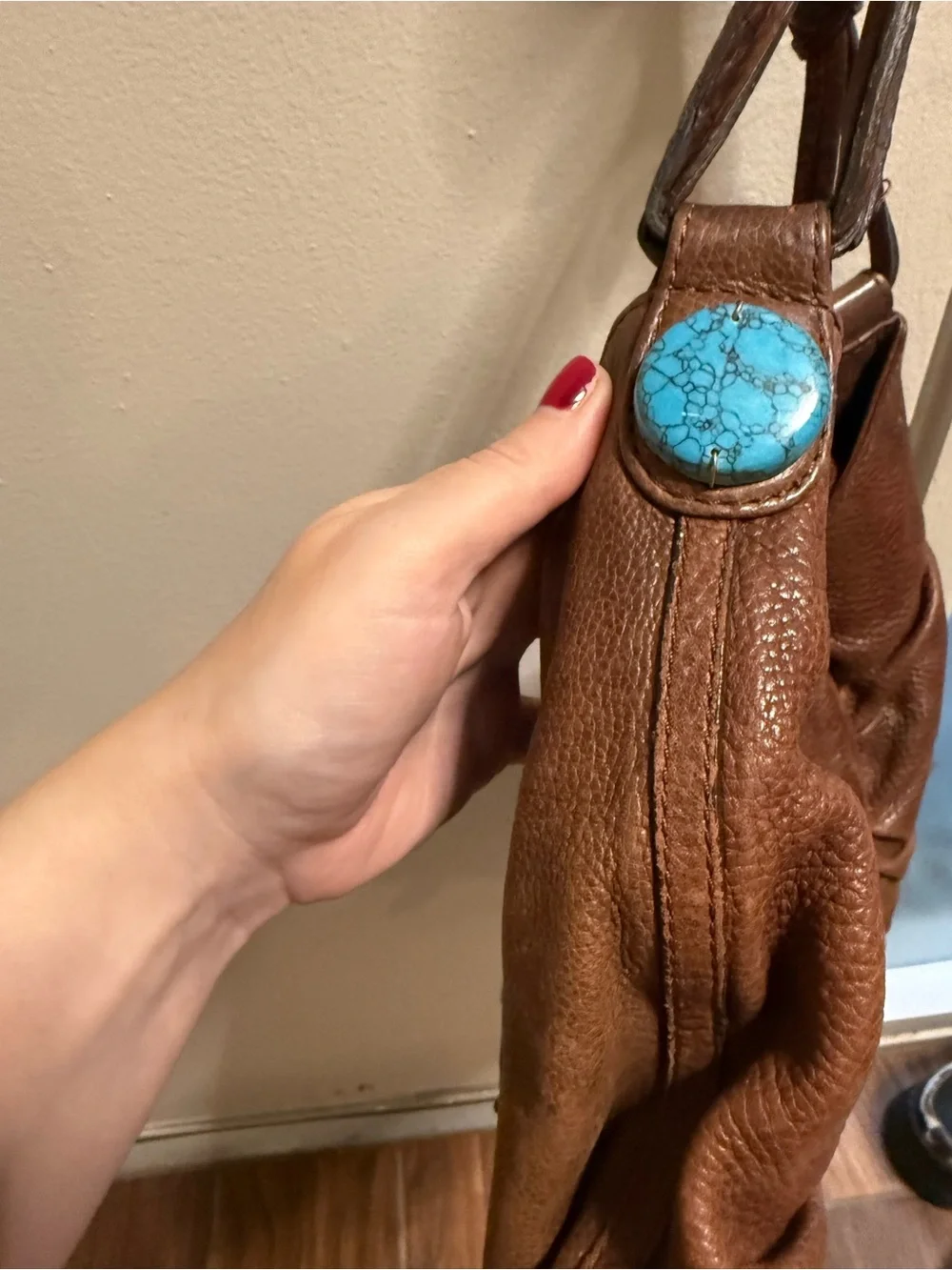 Boho Brown Leather Shoulder Bag with Turquoise & Coral Embellishments Cole Haan